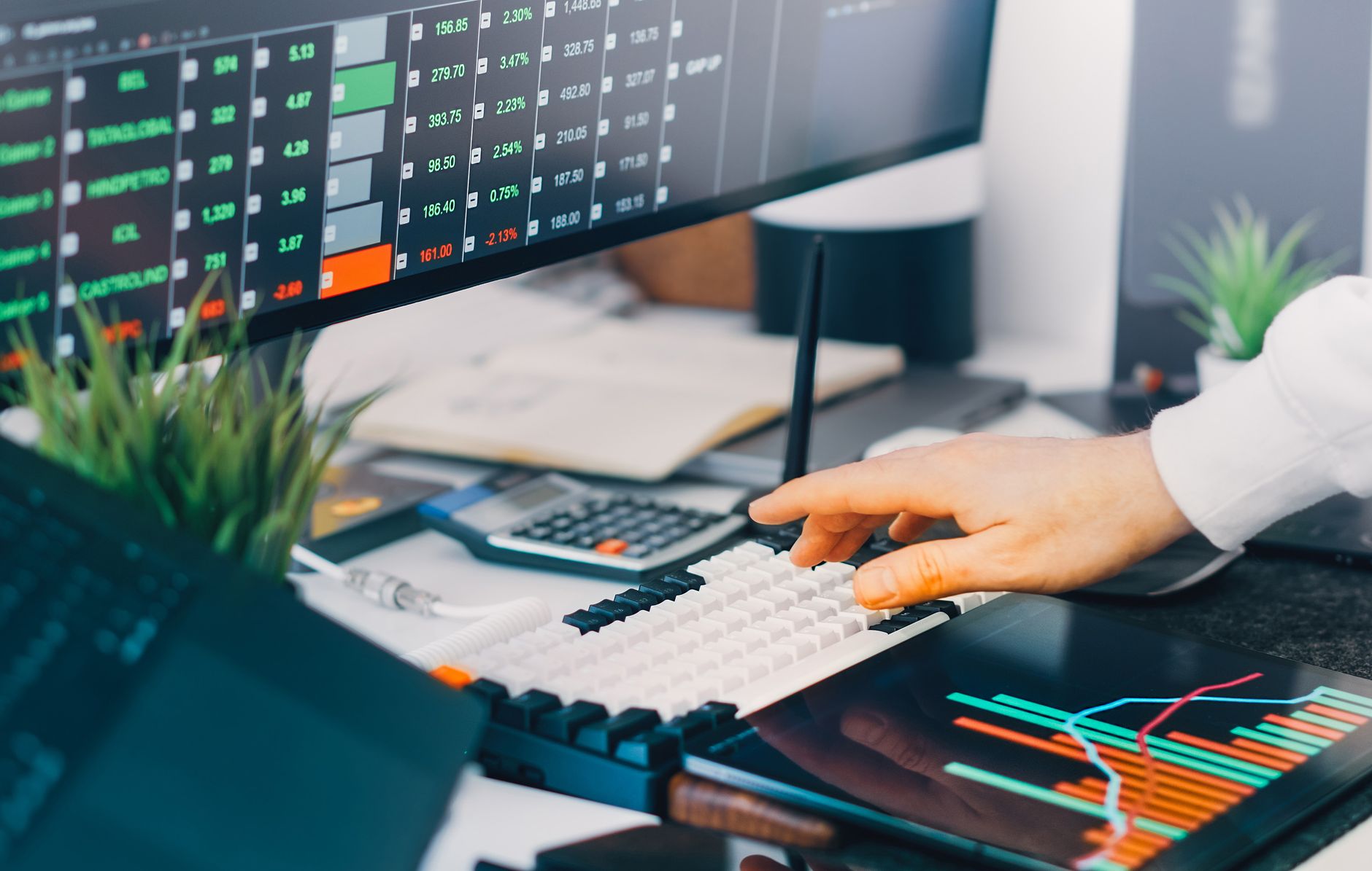Professional workspace with trading charts and market data on screens, ideal for finance and investment contexts.